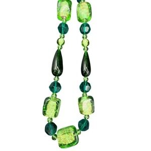 Glass Necklace Green Teal Beads Multi Shaped Hook Clasp Artisan Made 24 + 3"